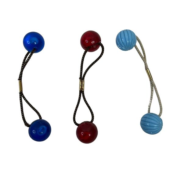Goody Accessories - Lot 3 Vtg Goody Brand Hair Twin Bead Ponytail Holders Shiny Solid Blue Red